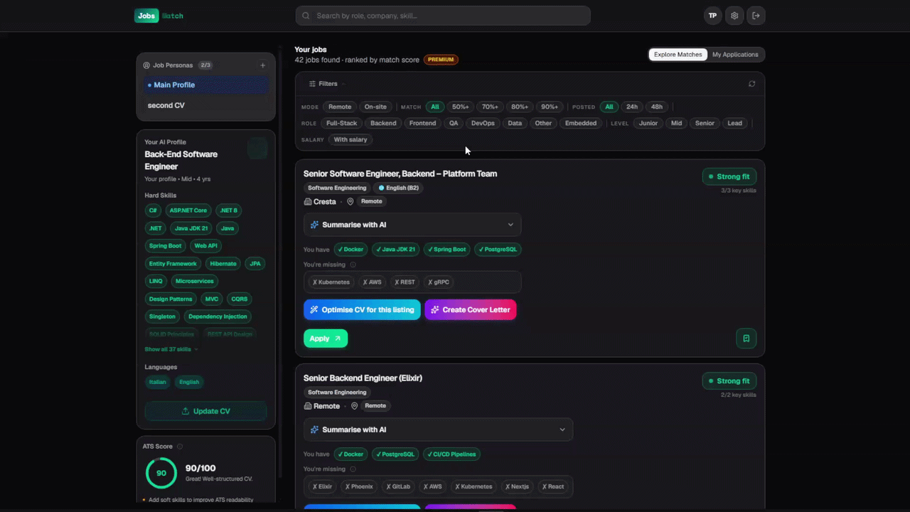 JobsMatch dashboard feed, ranked to your skills